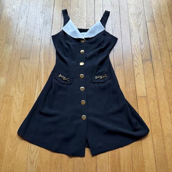 Cache Size 10 Vintage Black Button Front Sleeveless Romper w/ Gold Chain Accents - Picture 3 of 13